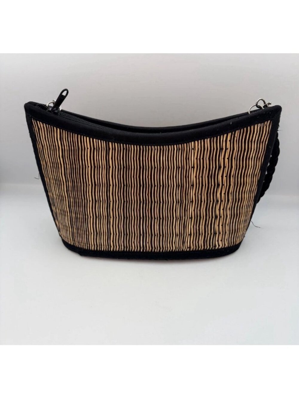 Baskets of Cambodia Woven Grass Straw Shoulder Bag Tan Black Striped Handbag